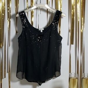 Cache‎ Women M Evening Top Sleeveless Dressy All Over Sequin Sheer Overlay Black
